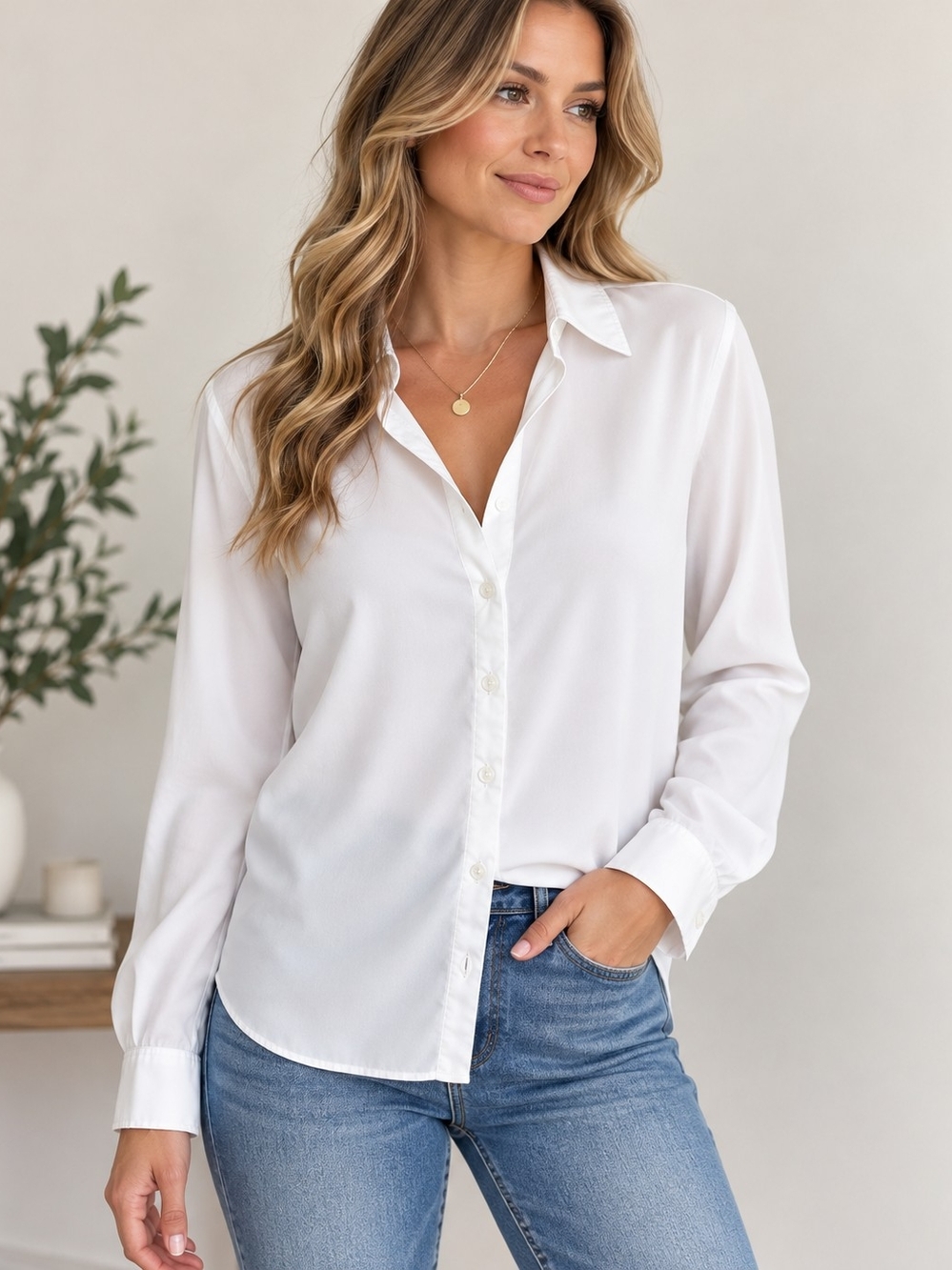 Womens XL White Button Down Blouse Long Sleeve Stretch Collar